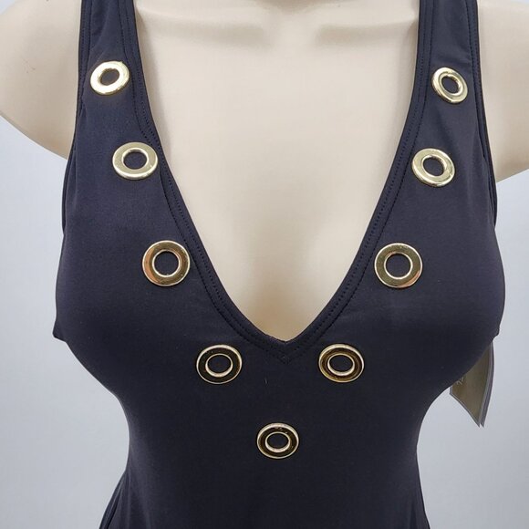 Michael Kors Black One-Piece Swimsuit Size 6 With Gold Grommets New - Picture 2 of 9